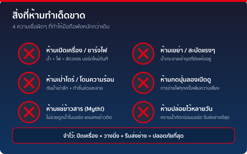 สิ่งที่ห้ามทำเมื่อมือถือตกน้ำ ห้ามชาร์จ ห้ามเป่าไดร์ ห้ามแช่ข้าวสาร